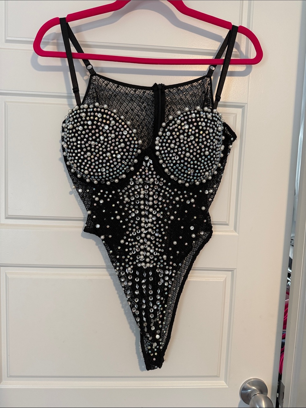 Black Crystal-Embellished Mesh Bodysuit